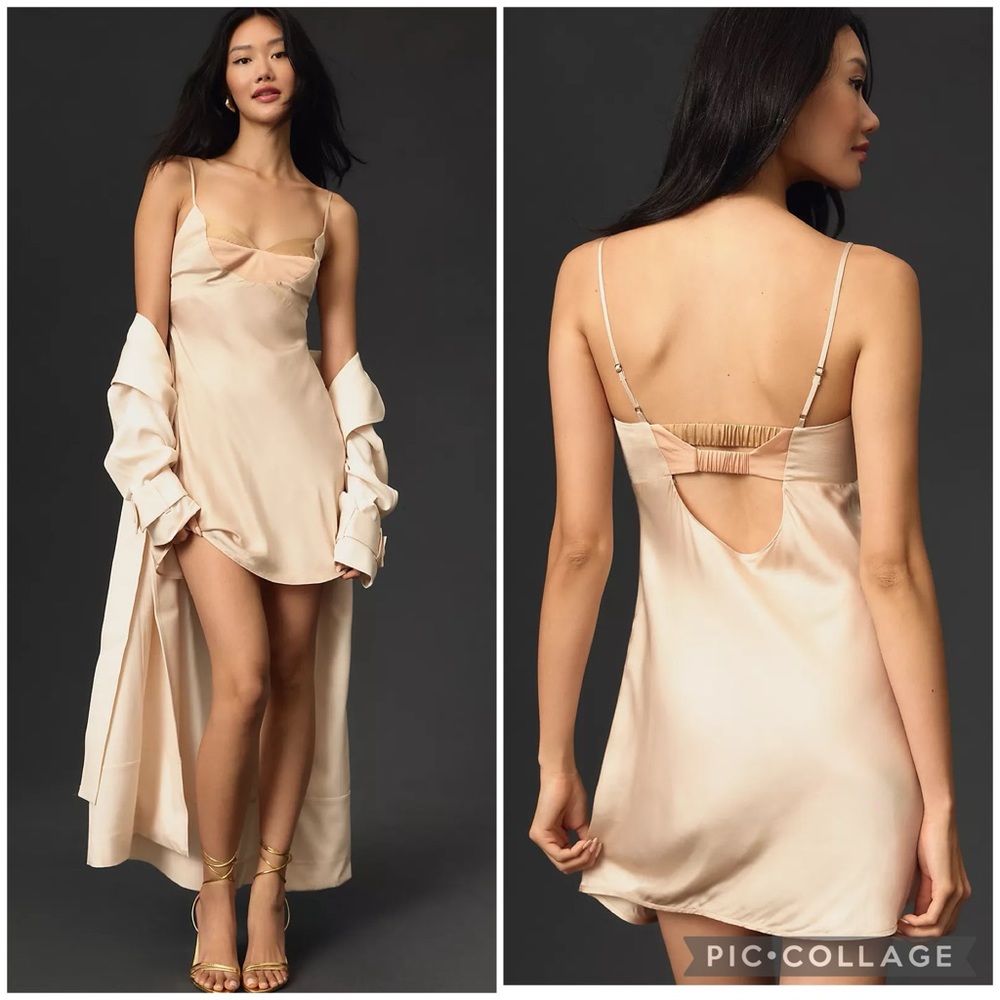 By Anthropologie Colorblock Satin Slip Dress in Cream Small